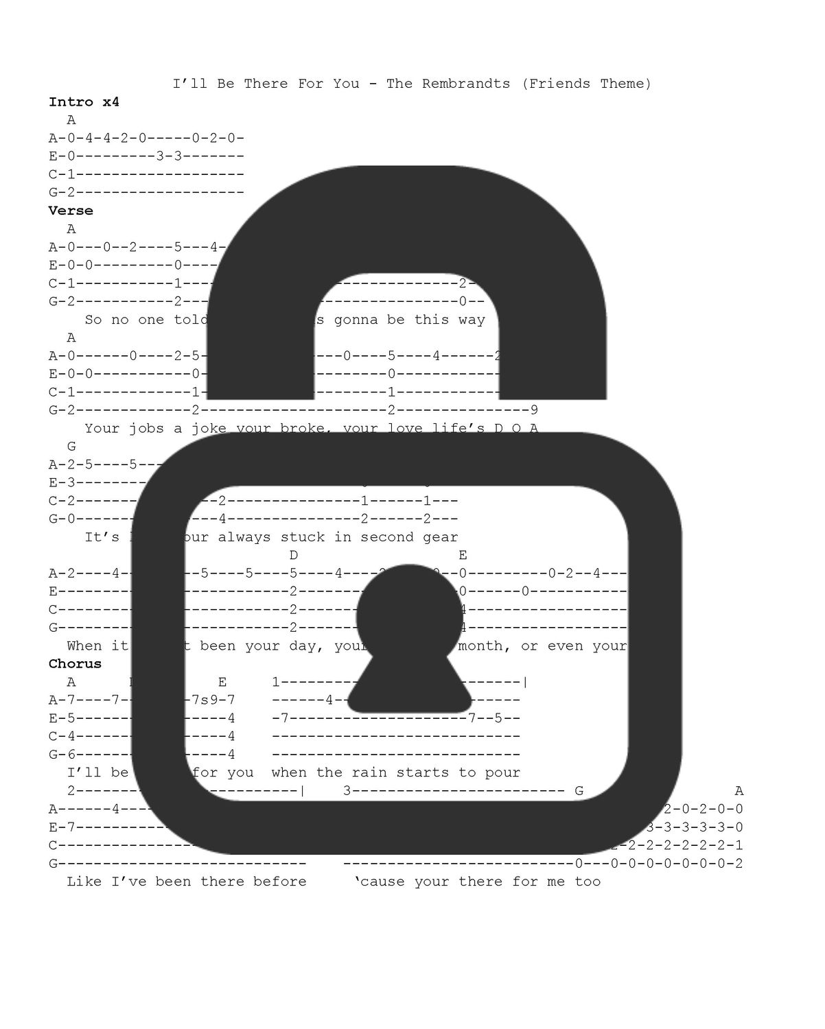 &quot;I&#39;ll Be There For You - Friends -The Rembrandts&quot; Fingerstyle Ukulele Tab Sheet