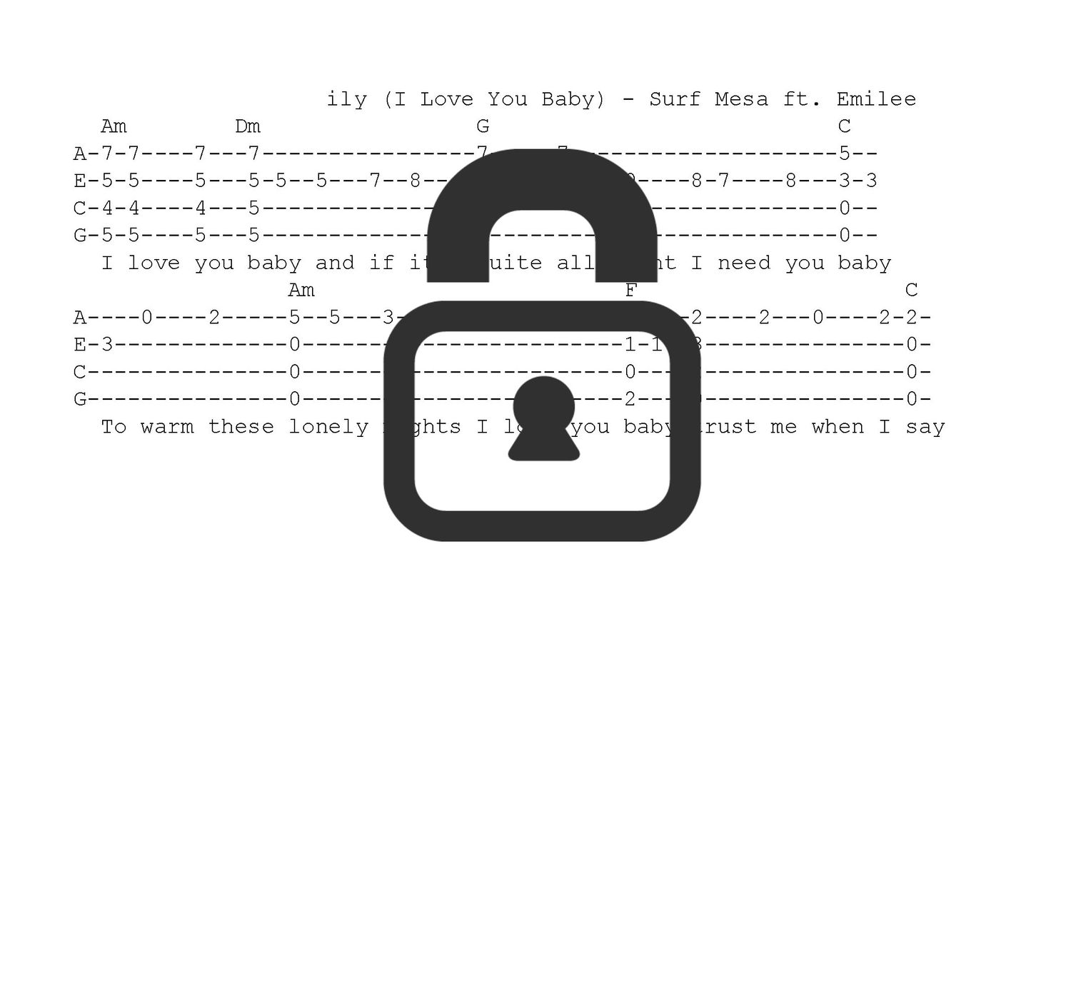 &quot;ily ( I Love You Baby) - Surf Mesa&quot; Fingerstyle Ukulele Tab Sheet
