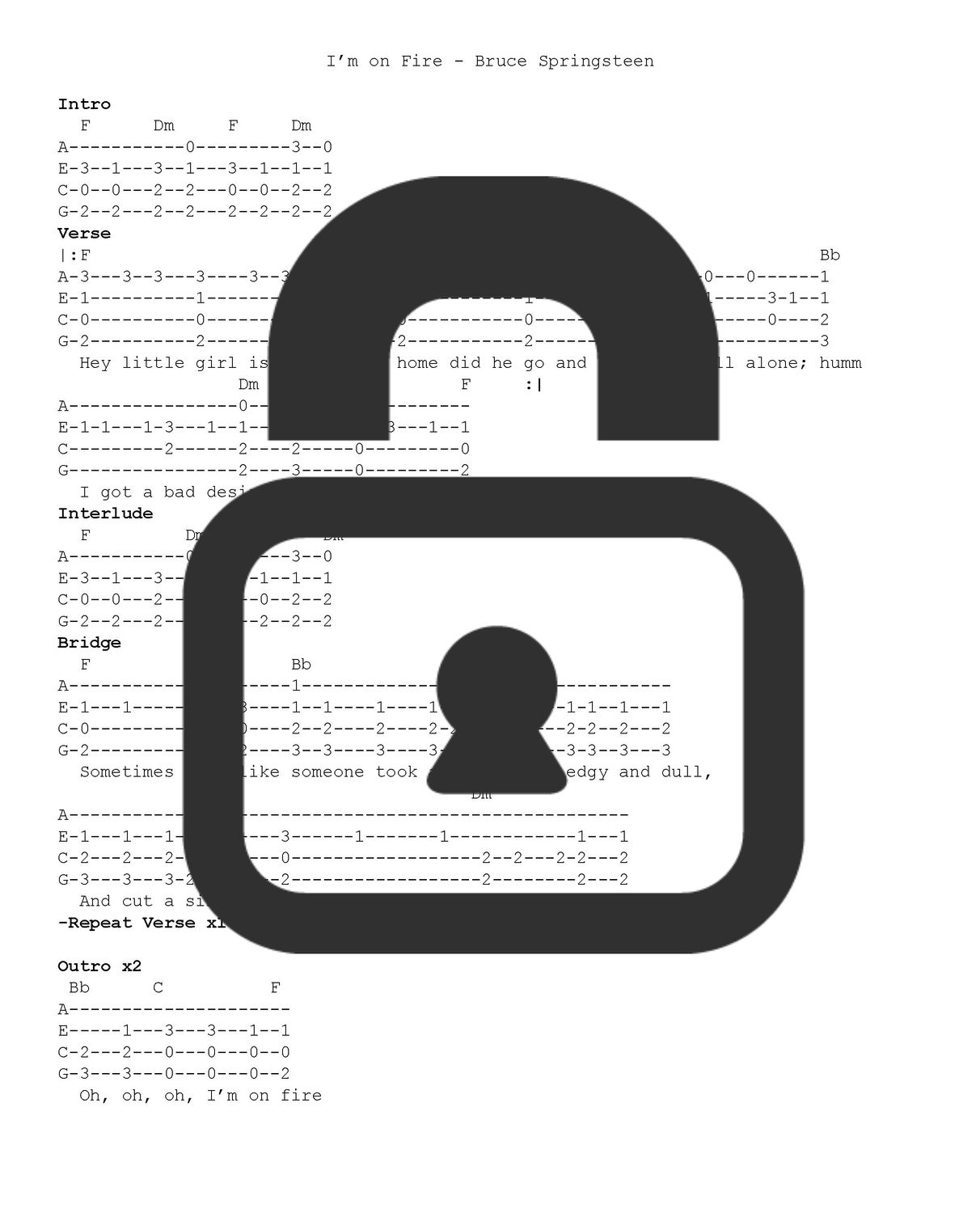 &quot;I&#39;m On Fire - Bruce Springsteen&quot; Fingerstyle Ukulele Tab Sheet