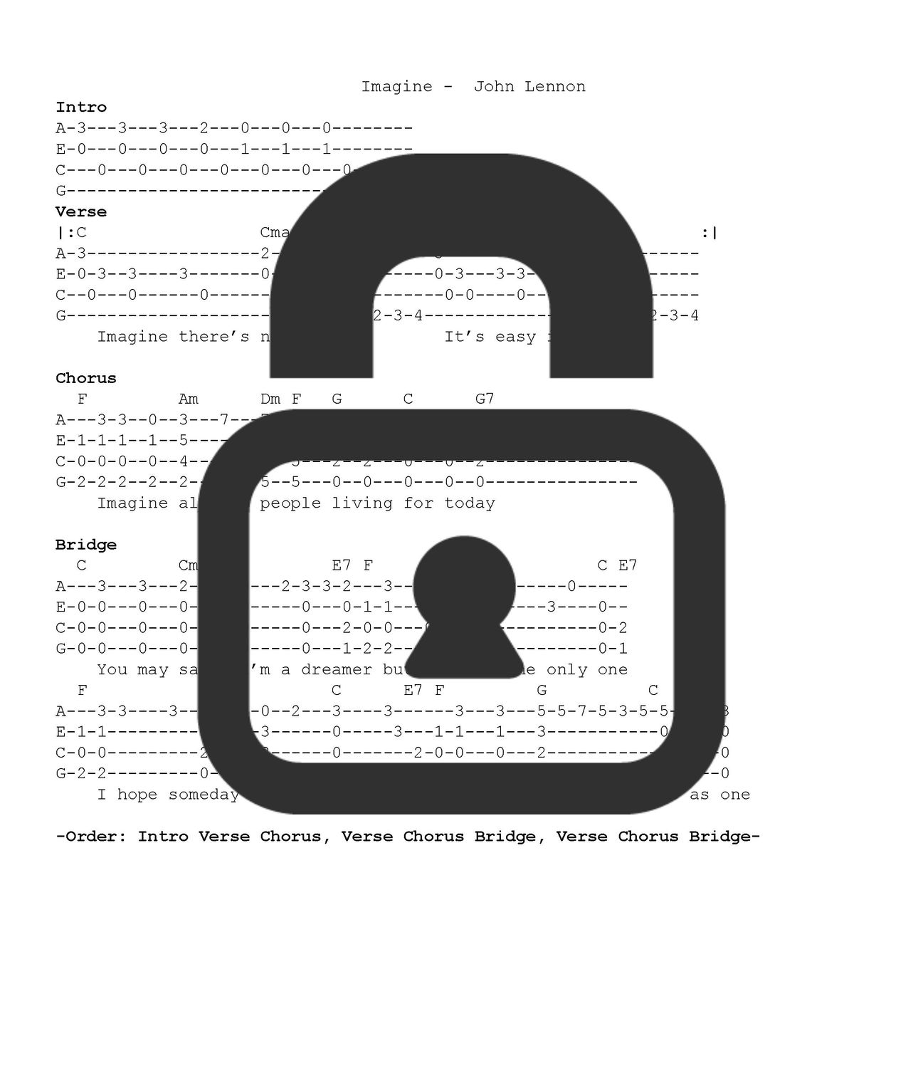 &quot;Imagine - John Lennon&quot; Fingerstyle Ukulele Tab Sheet