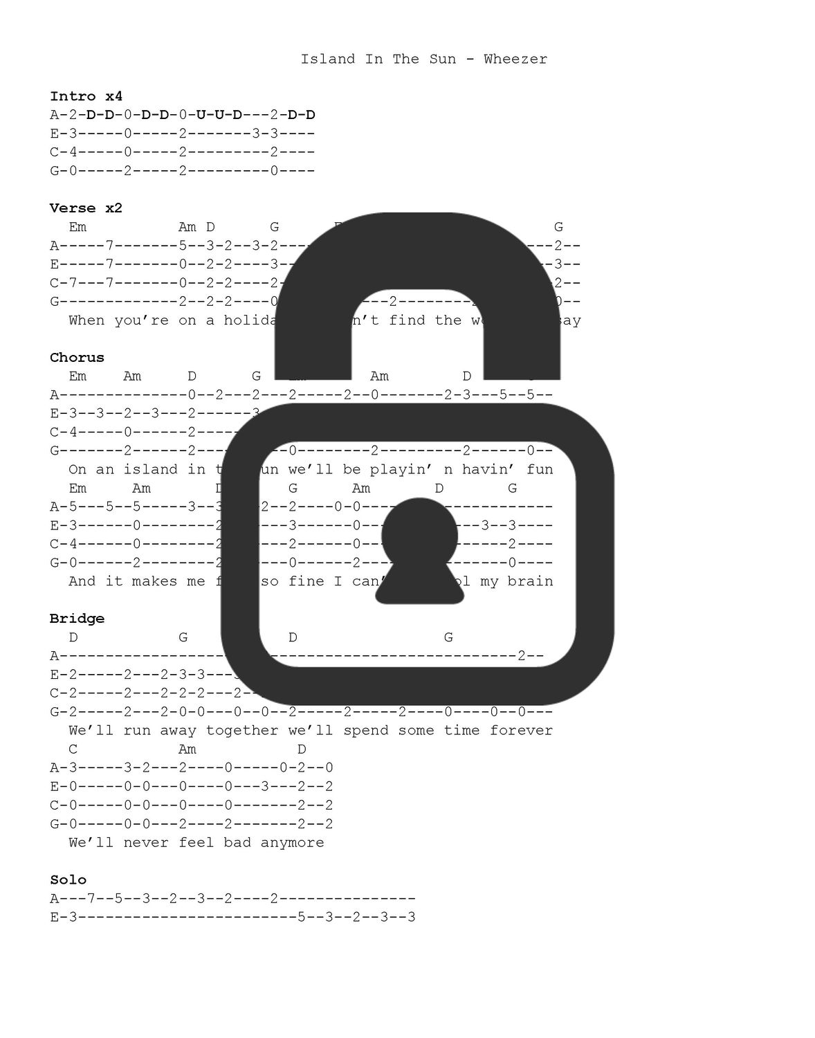 &quot;Island In The Sun - Weezer&quot; Fingerstyle Ukulele Tab Sheet