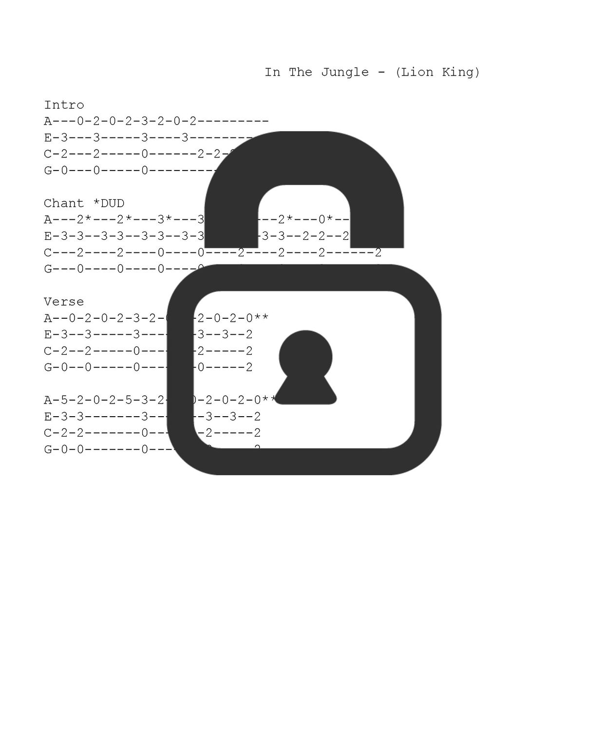 &quot;In the Jungle - Disney&#39;s Lion King&quot; Fingerstyle Ukulele Tab Sheet