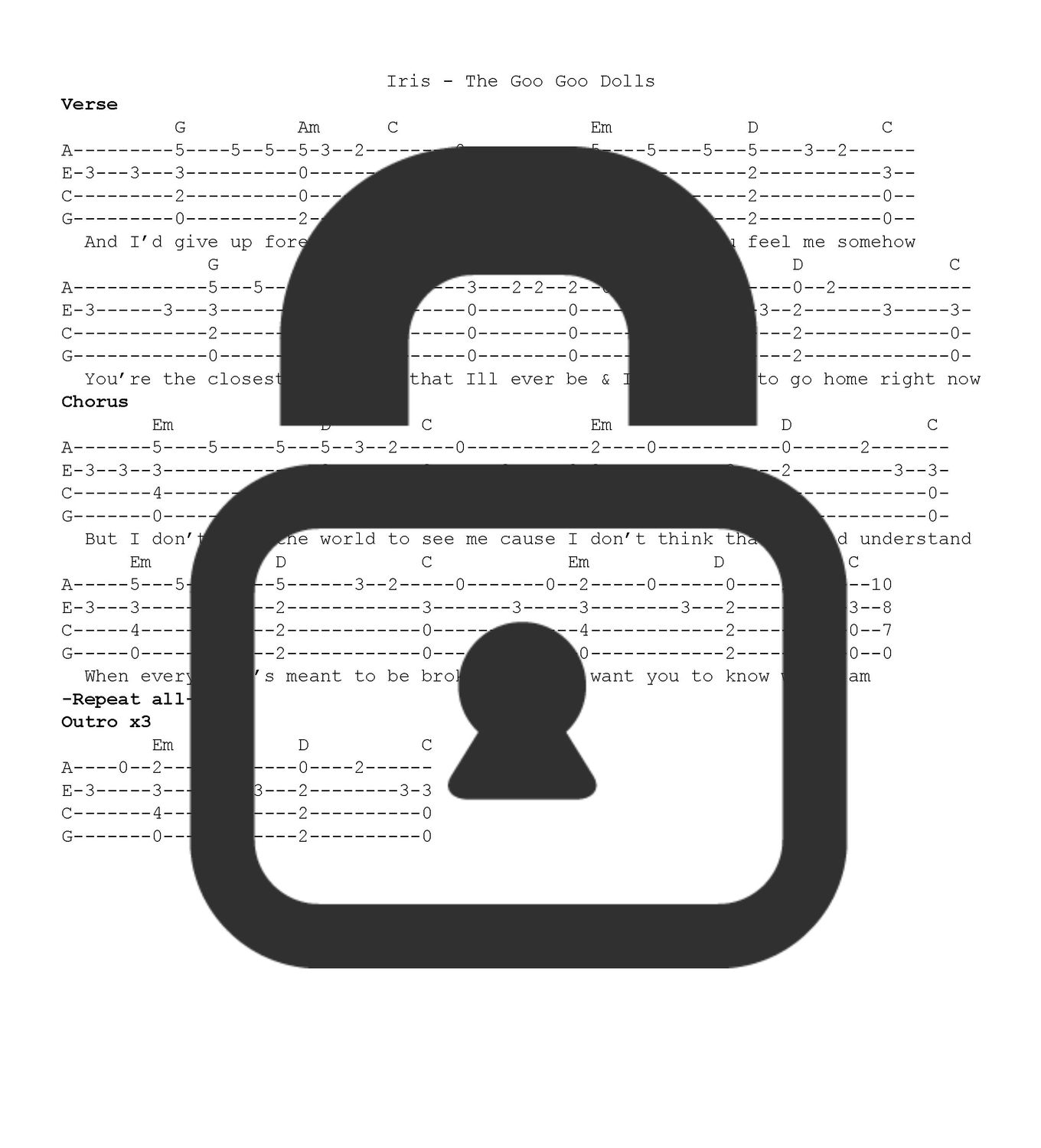 &quot;Iris - Goo Goo Dolls&quot; Fingerstyle Ukulele Tab Sheet