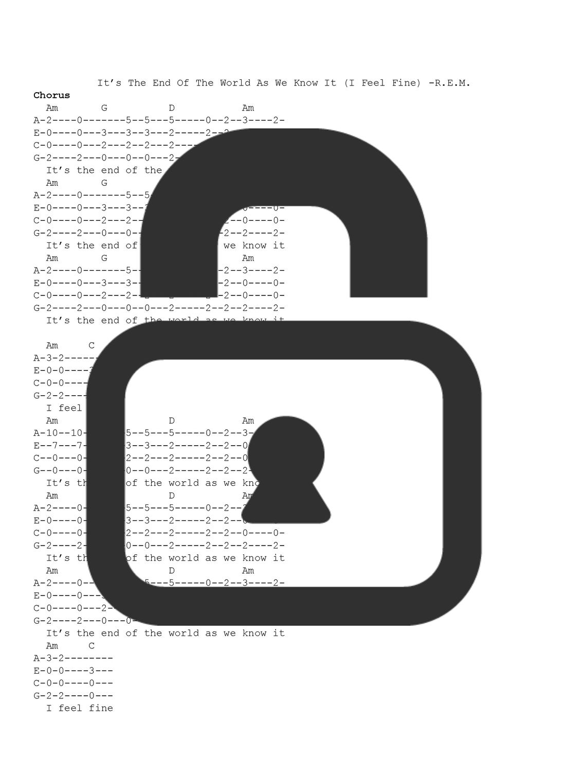 &quot;Its The End Of The World As We Know It - R.E.M.&quot; Fingerstyle Ukulele Tab Sheet