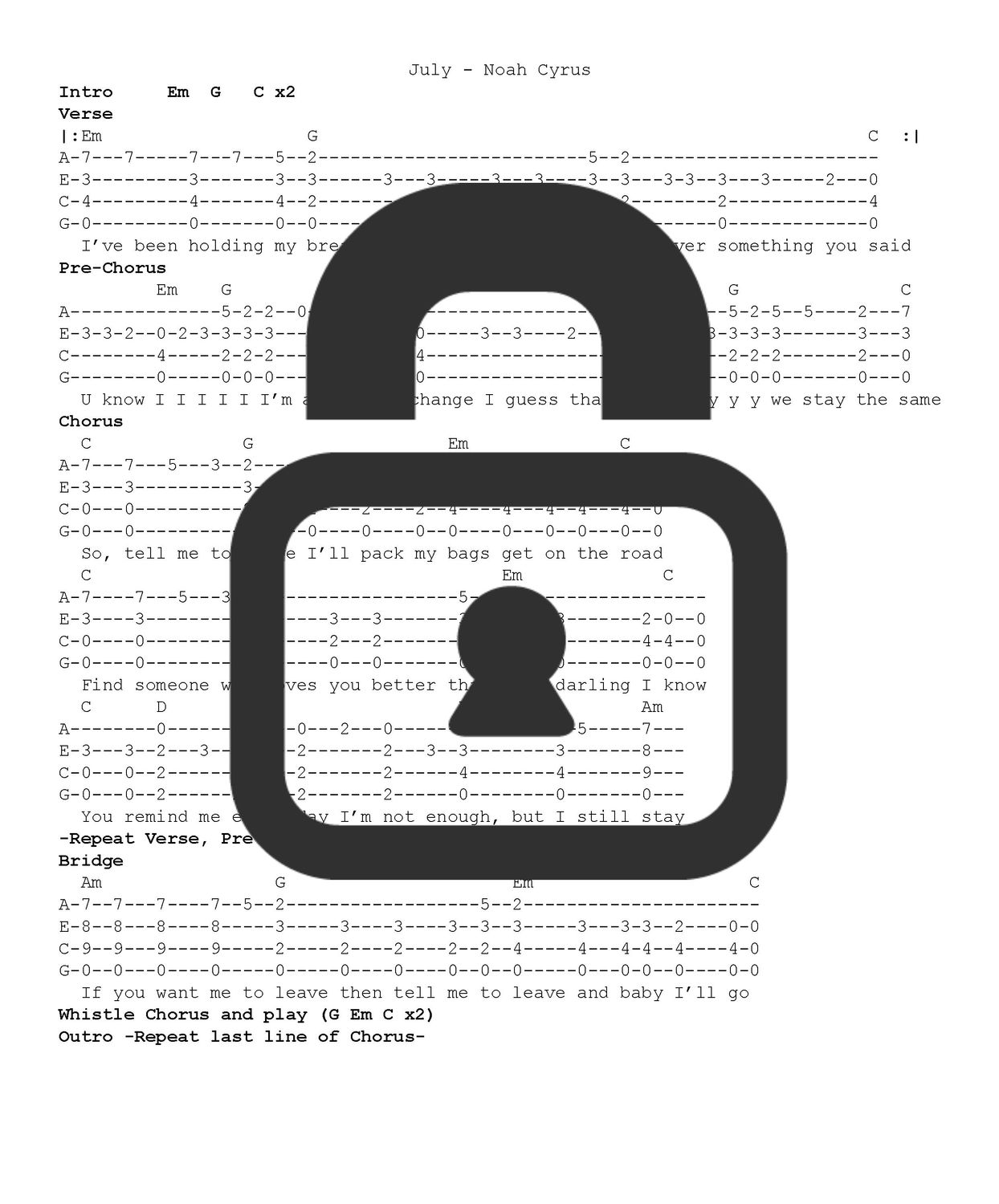&quot;July - Noah Cyrus&quot; Fingerstyle Ukulele Tab Sheet