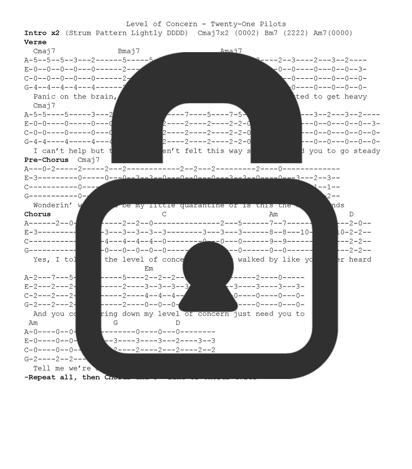 &quot;Level of Concern - Twenty-One Pilots&quot; Fingerstyle Ukulele Tab Sheet
