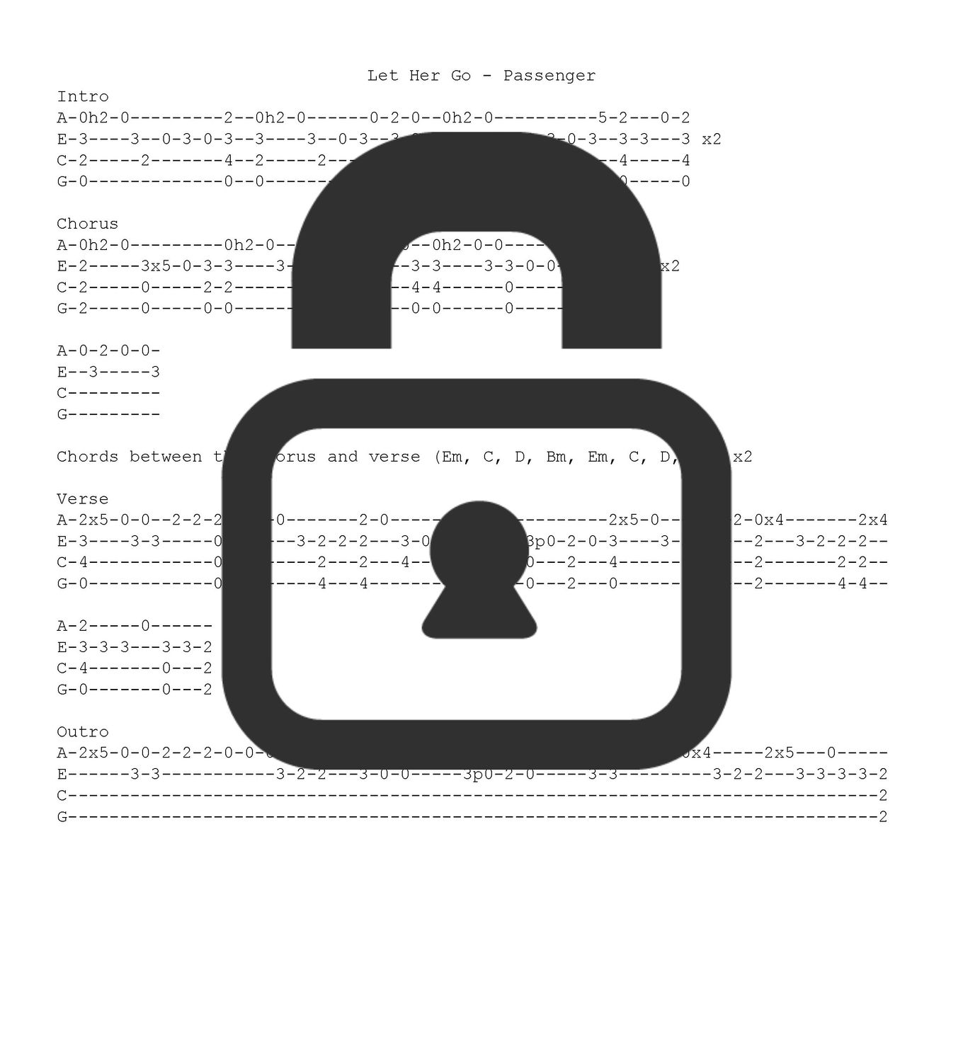&quot;Let Her Go - Passenger&quot; Fingerstyle Ukulele Tab Sheet