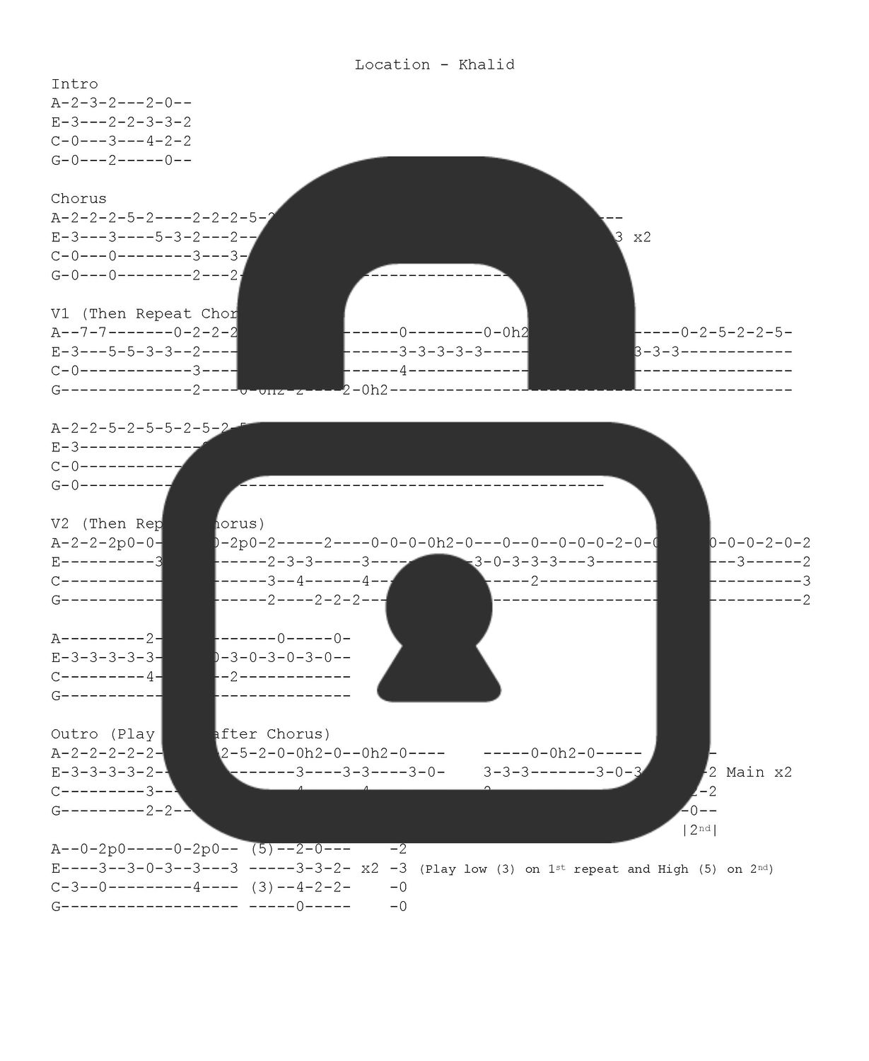 &quot;Location - Khalid&quot; Fingerstyle Ukulele Tab Sheet