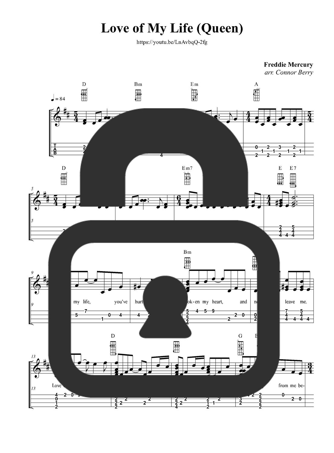 &quot;Love Of My Lifer - Queen&quot; Fingerstyle Ukulele Tab Sheet