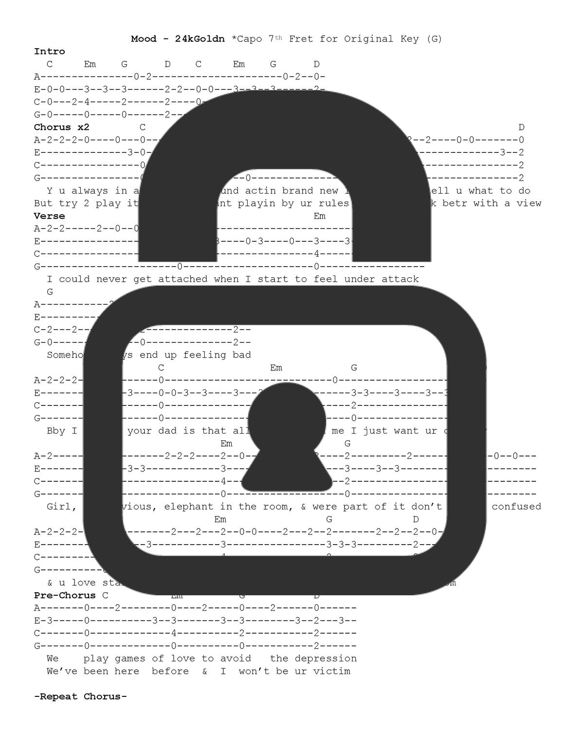 &quot;Mood - 24kGoldn&quot; Fingerstyle Ukulele Tab Sheet