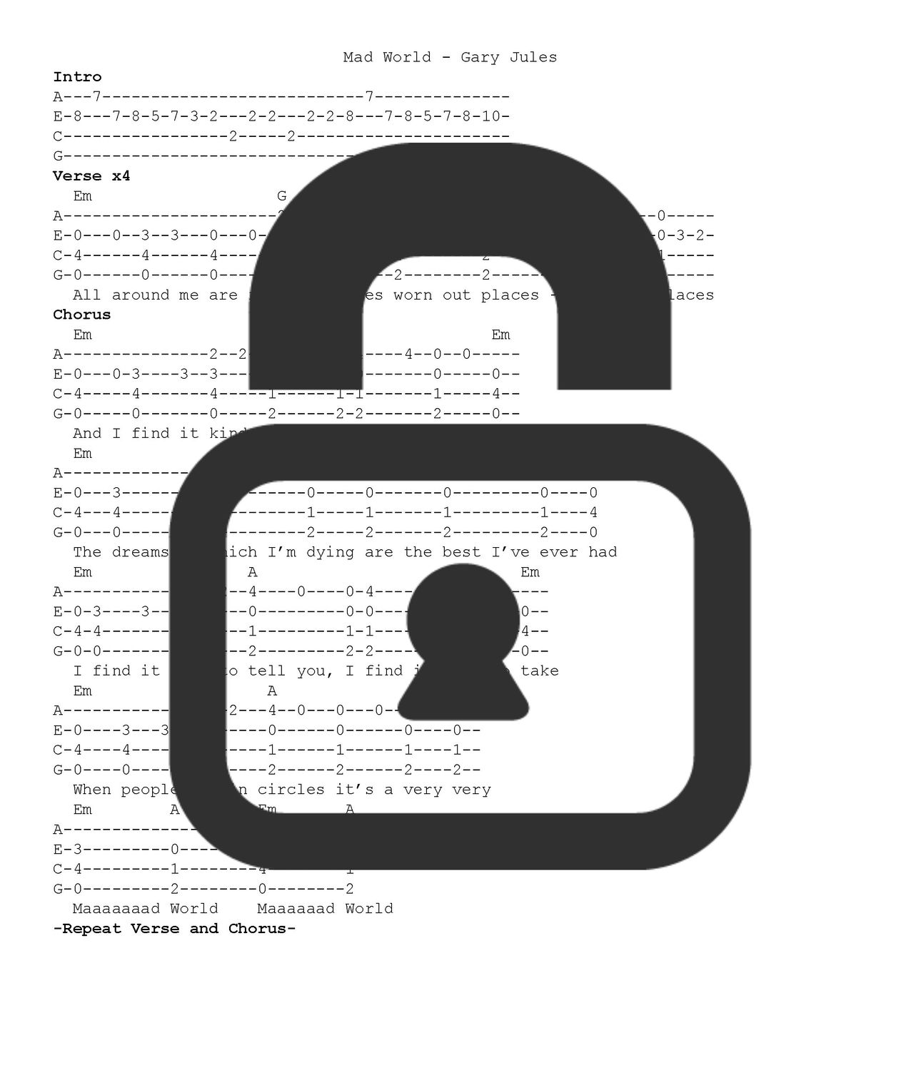 &quot;Mad World - Gary Jules&quot; Fingerstyle Ukulele Tab Sheet