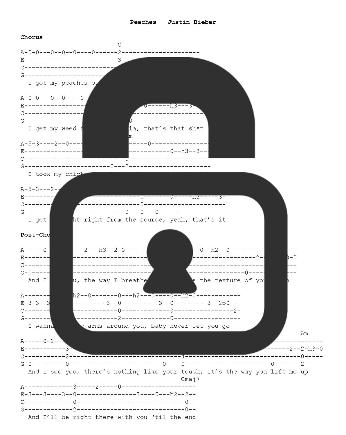 &quot;Peaches - Justin Bieber&quot; Fingerstyle Ukulele Tab Sheet