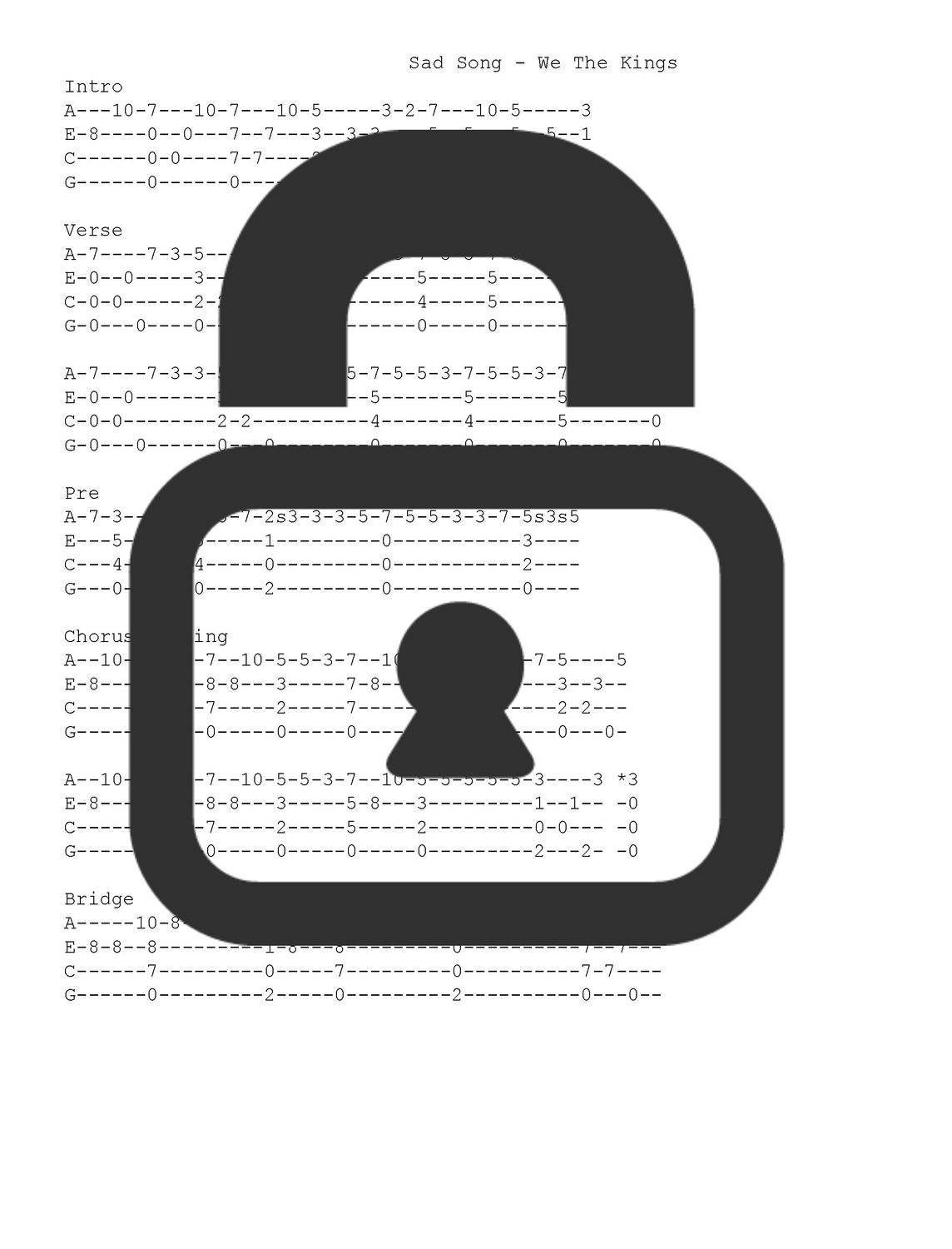&quot;Sad Song - We The Kings&quot; Fingerstyle Ukulele Tab Sheet