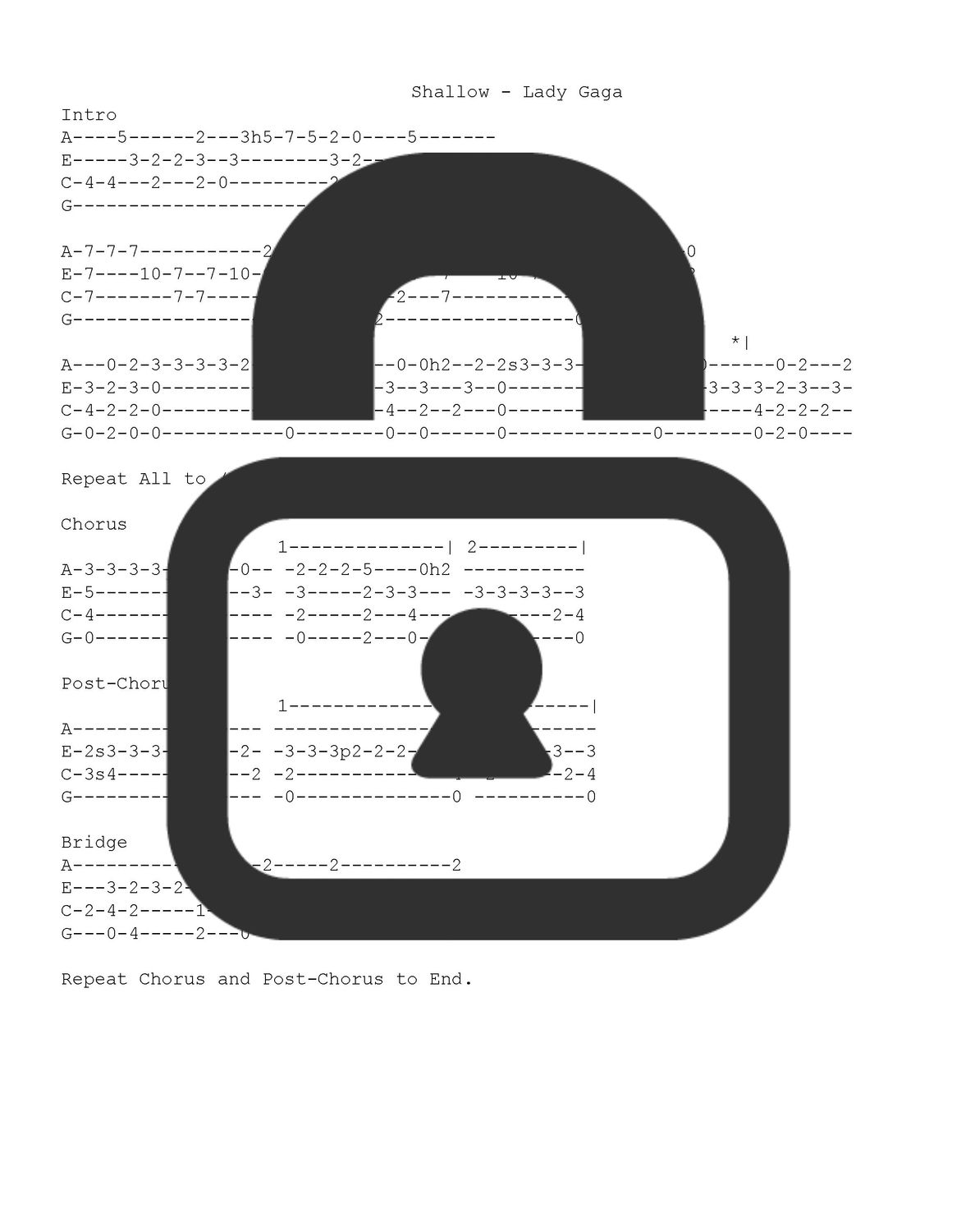 &quot;Shallow - Lady Gaga&quot; Fingerstyle Ukulele Tab Sheet