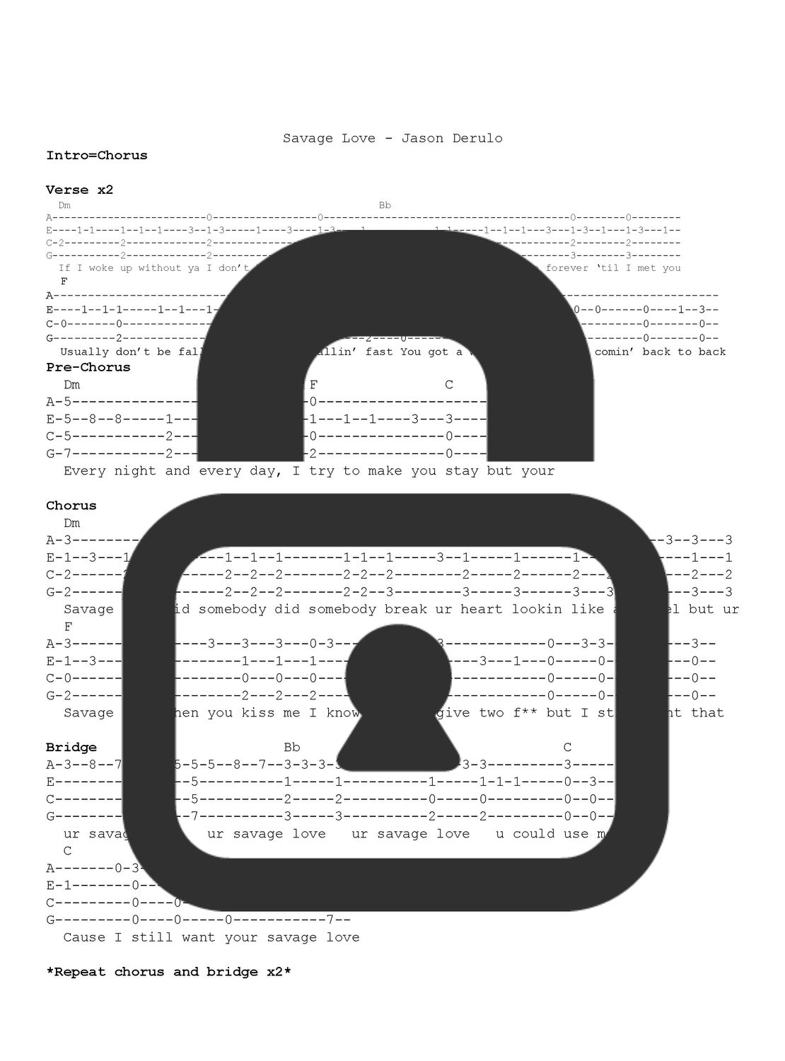 &quot;Savage Love - Jason Derulo and Jawsh 685&quot; Fingerstyle Ukulele Tab Sheet