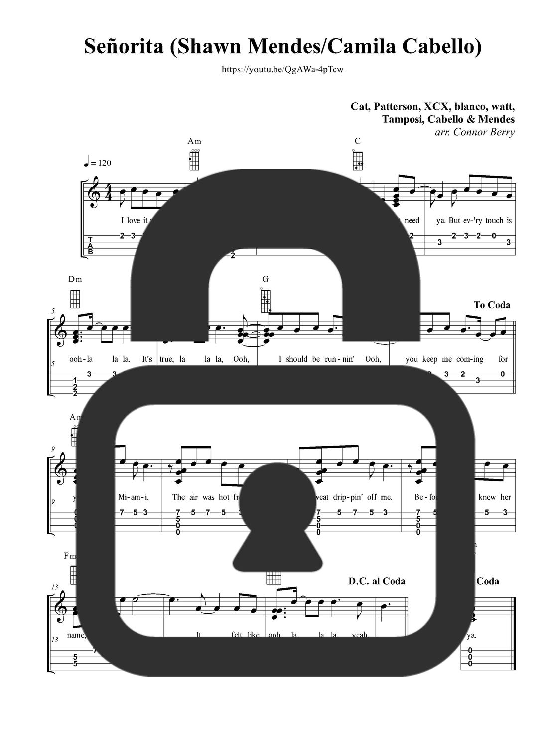 &quot;Senorita - Camila Cabello and Shawn Mendes&quot; Fingerstyle Ukulele Tab Sheet