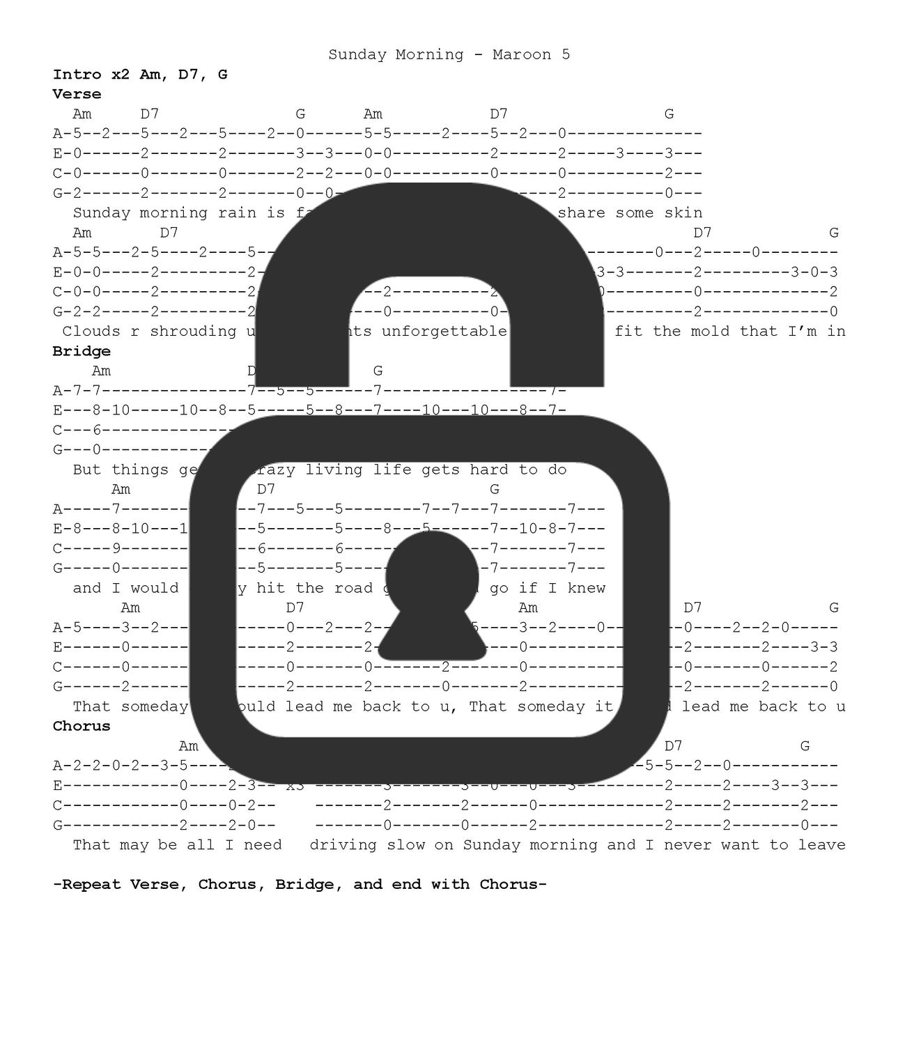 &quot;Sunday Morning - Maroon 5&quot; Fingerstyle Ukulele Tab Sheet