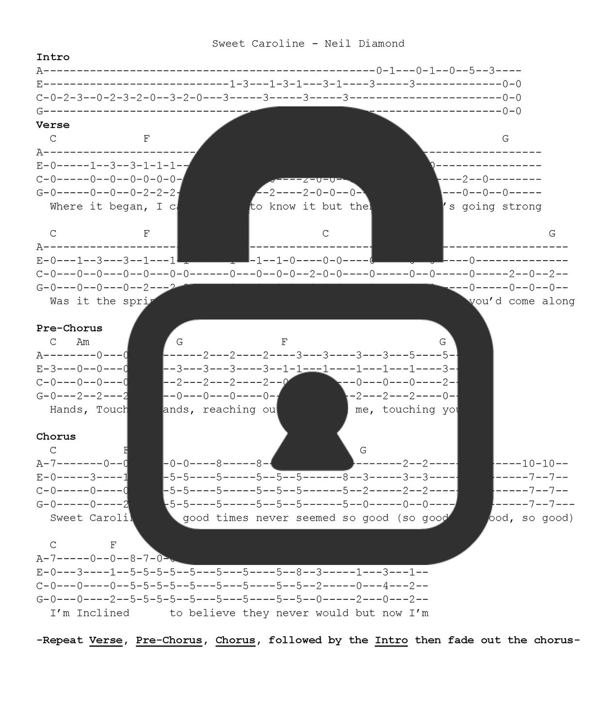 &quot;Sweet Caroline - Neil Diamond&quot; Fingerstyle Ukulele Tab Sheet
