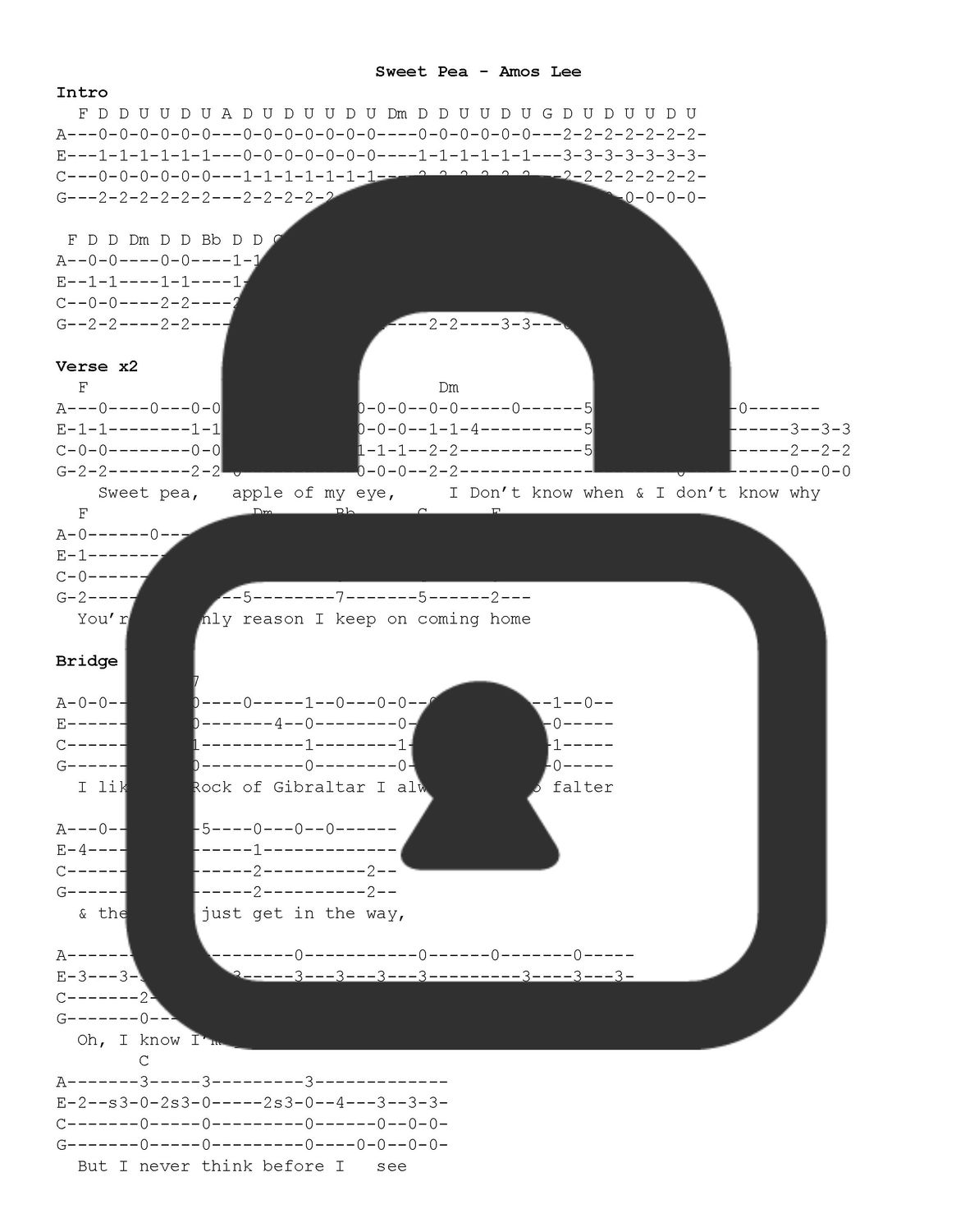 &quot;Sweet Pea - Amos Lee&quot; Fingerstyle Ukulele Tab Sheet