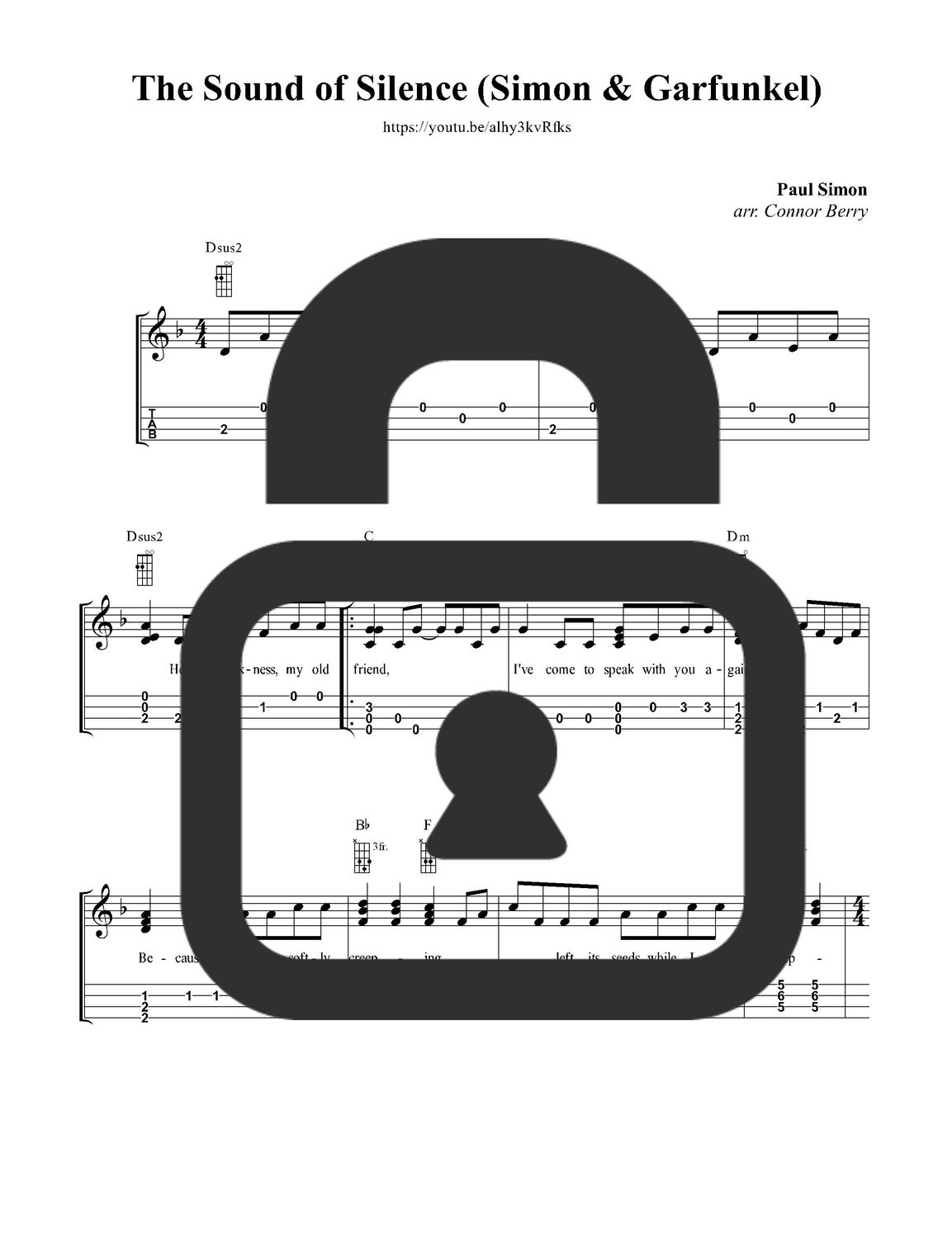 &quot;The Sound of Silence - Simon and Garfunkel&quot; Fingerstyle Ukulele Tab Sheet