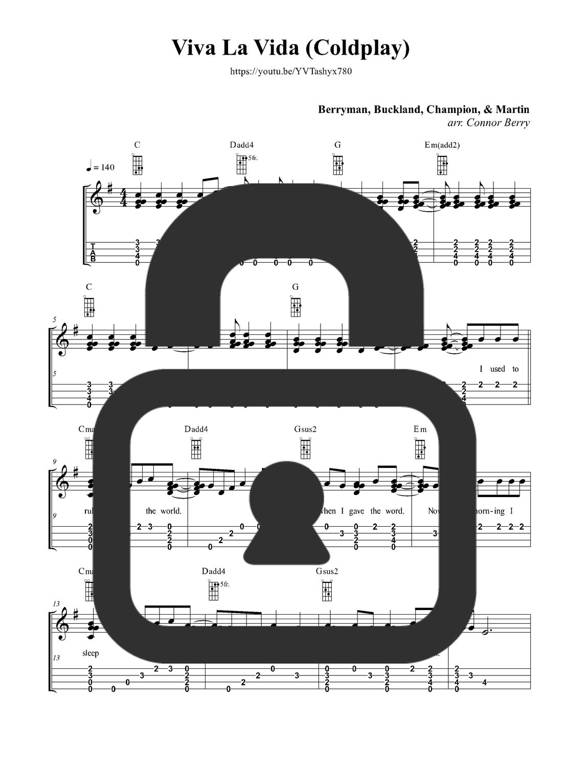 &quot;Viva La Vida - Coldplay&quot; Fingerstyle Ukulele Tab Sheet