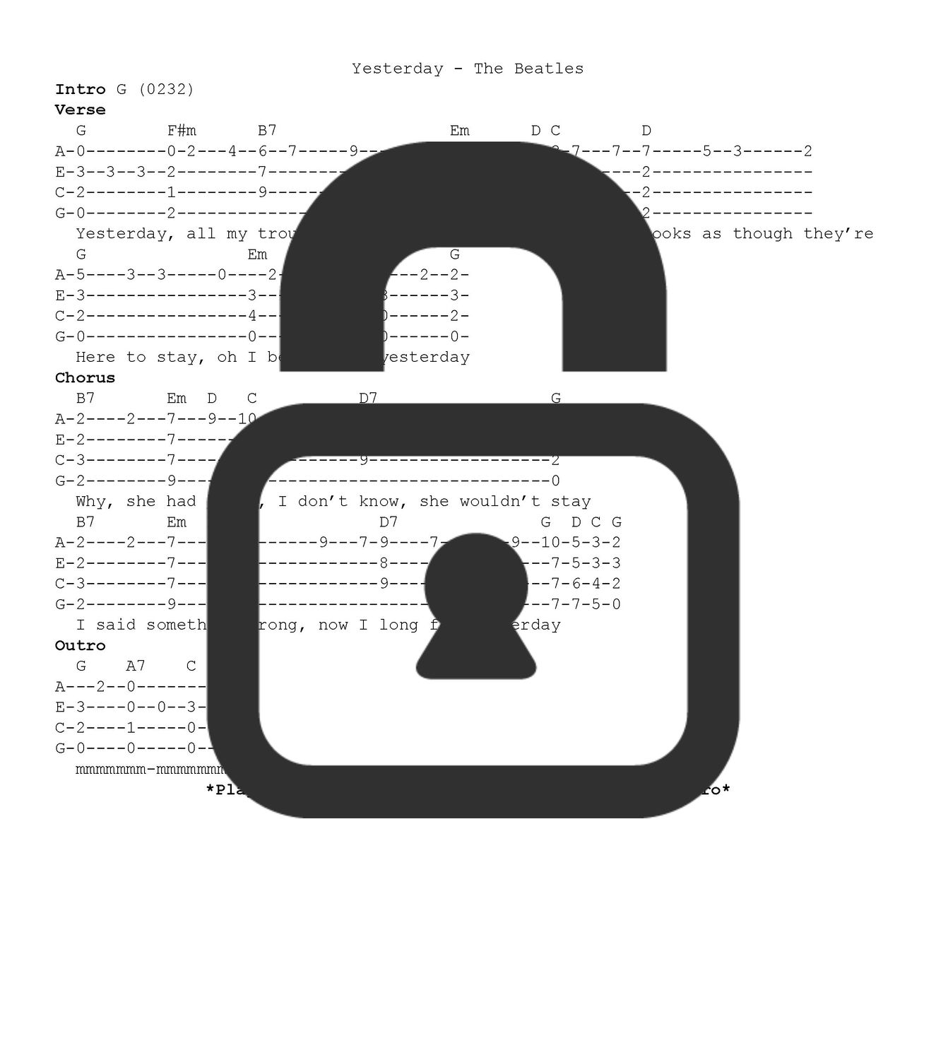 &quot;Yesterday - The Beatles&quot; Fingerstyle Ukulele Tab Sheet
