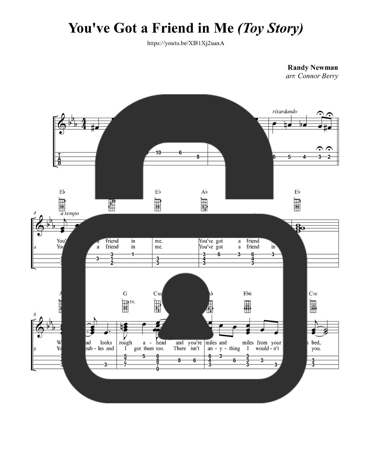 &quot;You&#39;ve Got a Friend in Me - Disney&#39;s Toy Story&quot; Fingerstyle Ukulele Tab Sheet