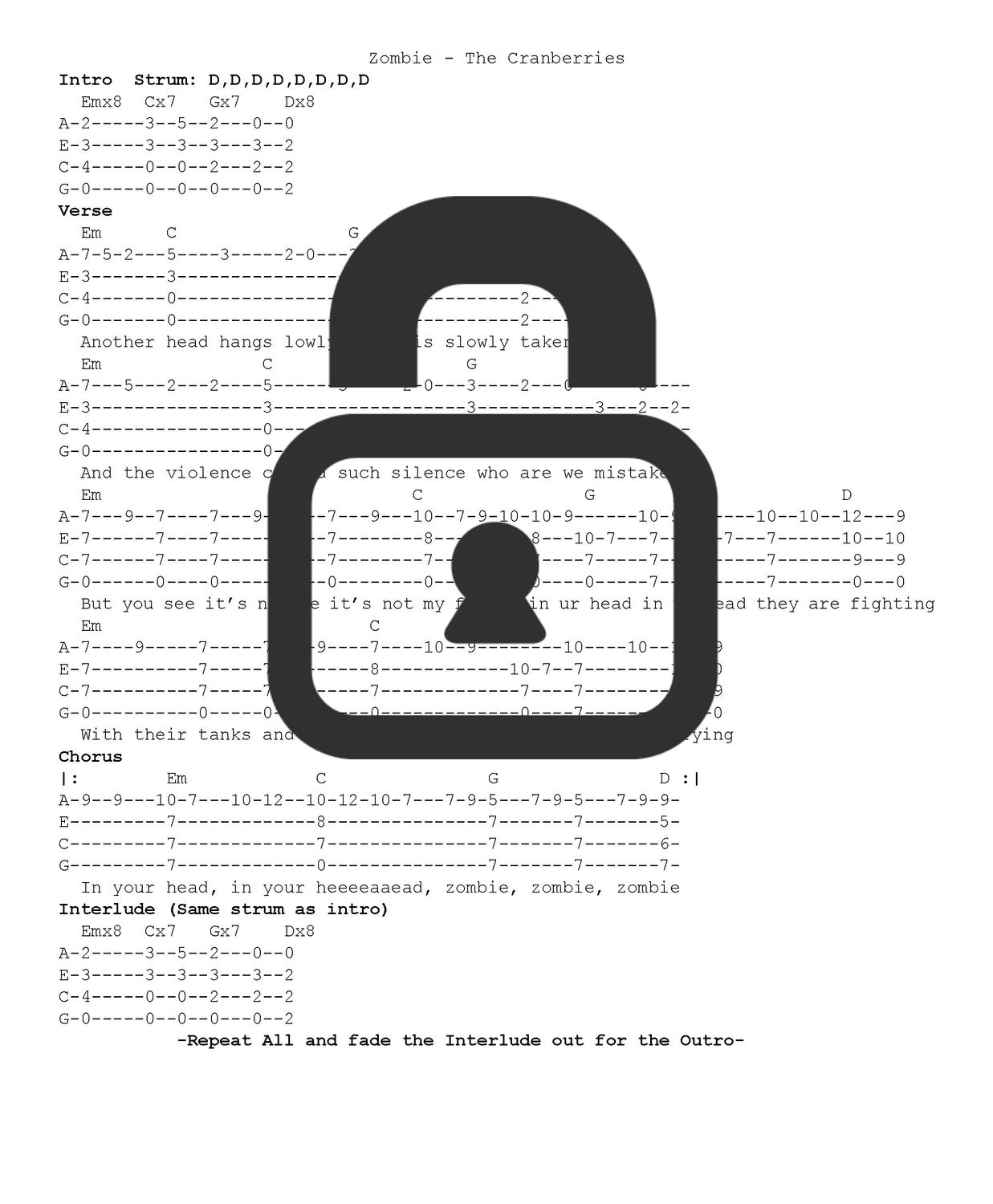 &quot;Zombie - The Crannberries&quot; Fingerstyle Ukulele Tab Sheet