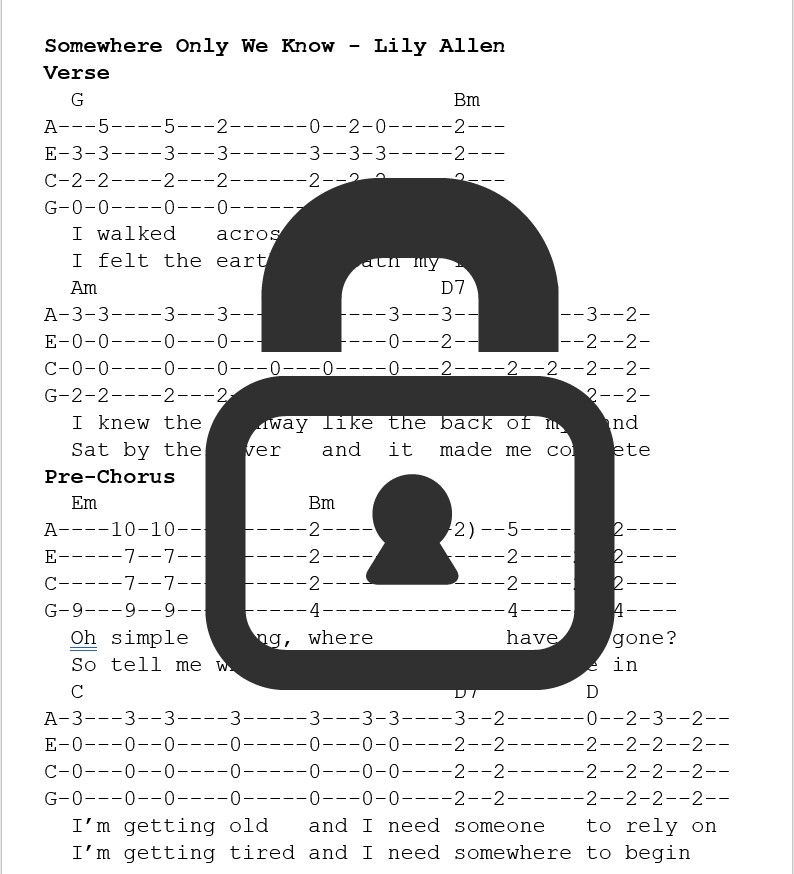 &quot;Somewhere Only We Know - Lily Allen&quot; Fingerstyle Ukulele Tab Sheet