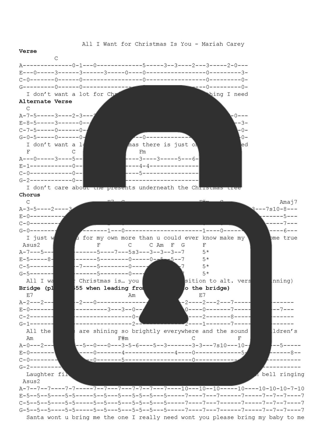&quot;All I Want for Christmas is You&quot; Fingerstyle Ukulele Tab Sheet