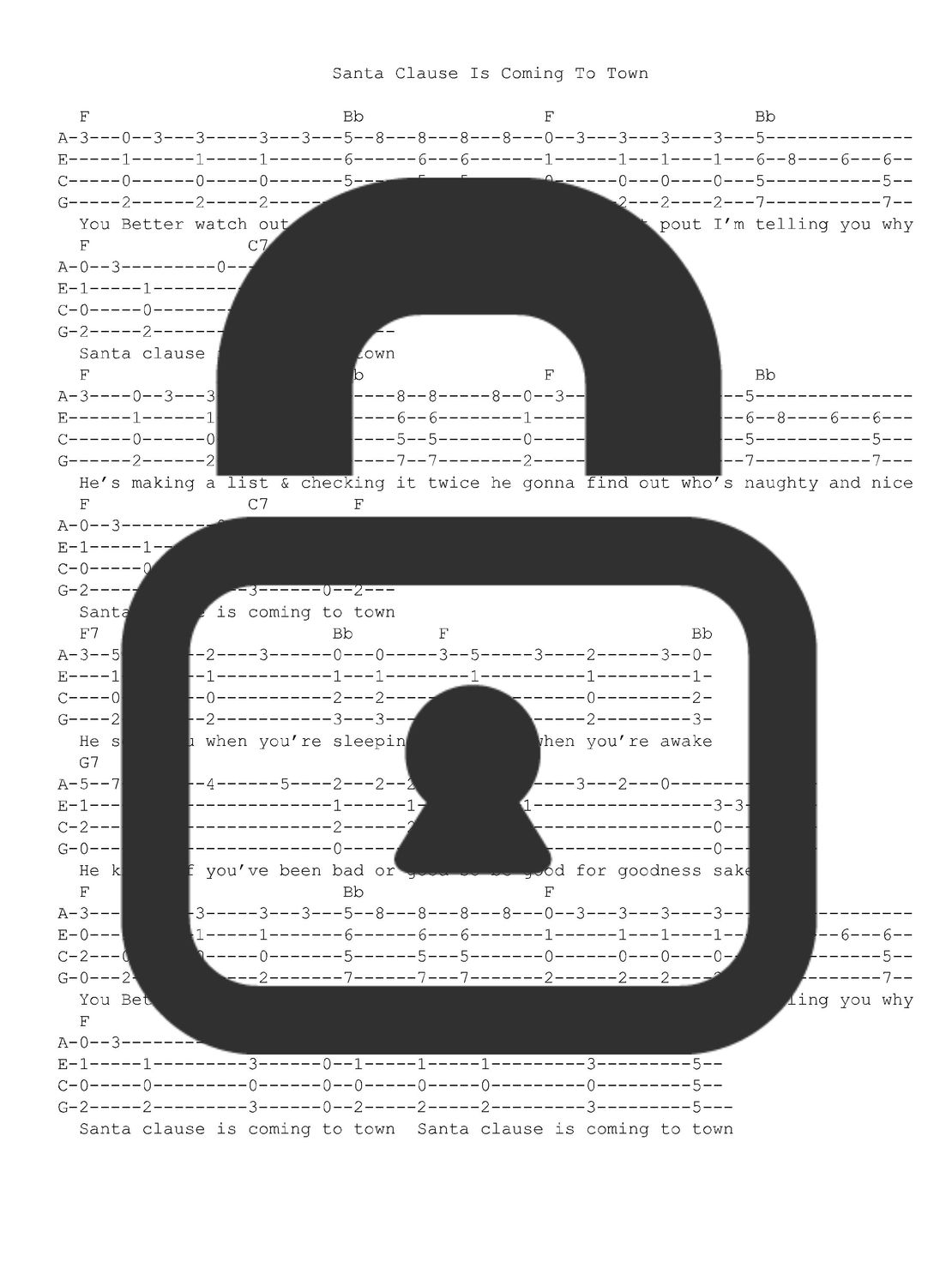 &quot;Santa Claus is Coming to Town&quot; Fingerstyle Ukulele Tab Sheet