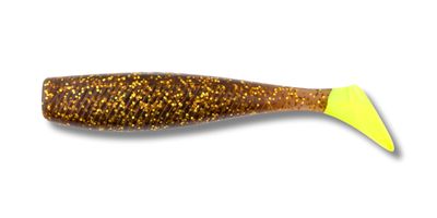 03 Quiver Shad Rootbeer/Chart Tail 3 inch 6/pk with 1/8 oz Vudu Jig Head