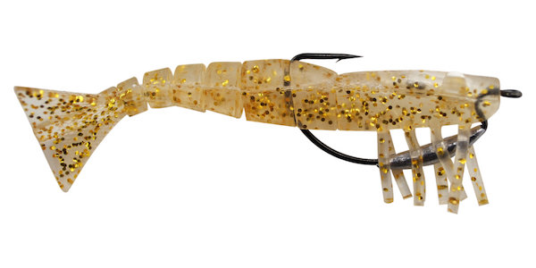 06 Vudu Weedless Shrimp Gold Glitter 3.5 inch 1/8 oz 2/pk