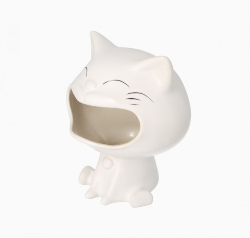 Keramieke Asbak cat, white ceramic, 10x8.5x 12cm
