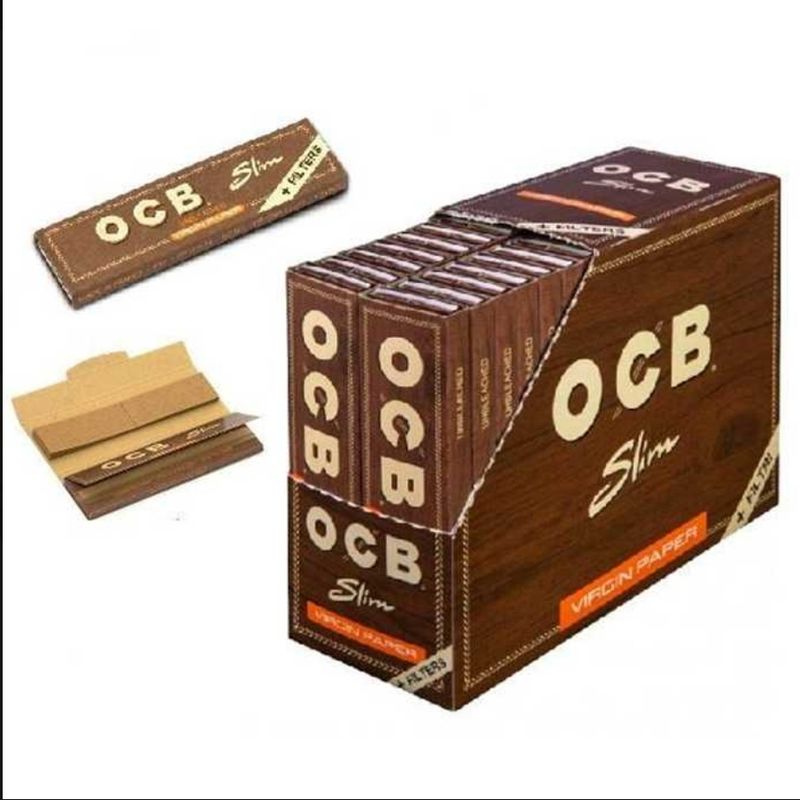 OCB virgin slim paper + filter tips boekje 32 vloeitjes + 32 tips Display 32 stuks