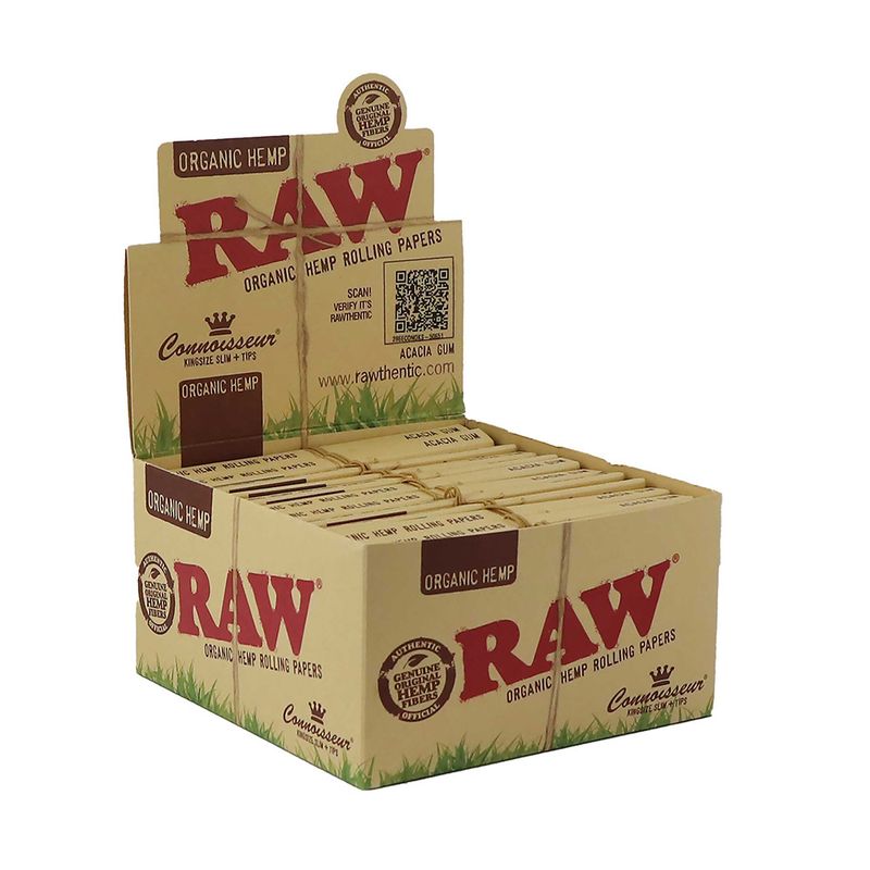 RAW vloei Organic Connoisseur King Size Slim And Tips ( Display 24 stuks)