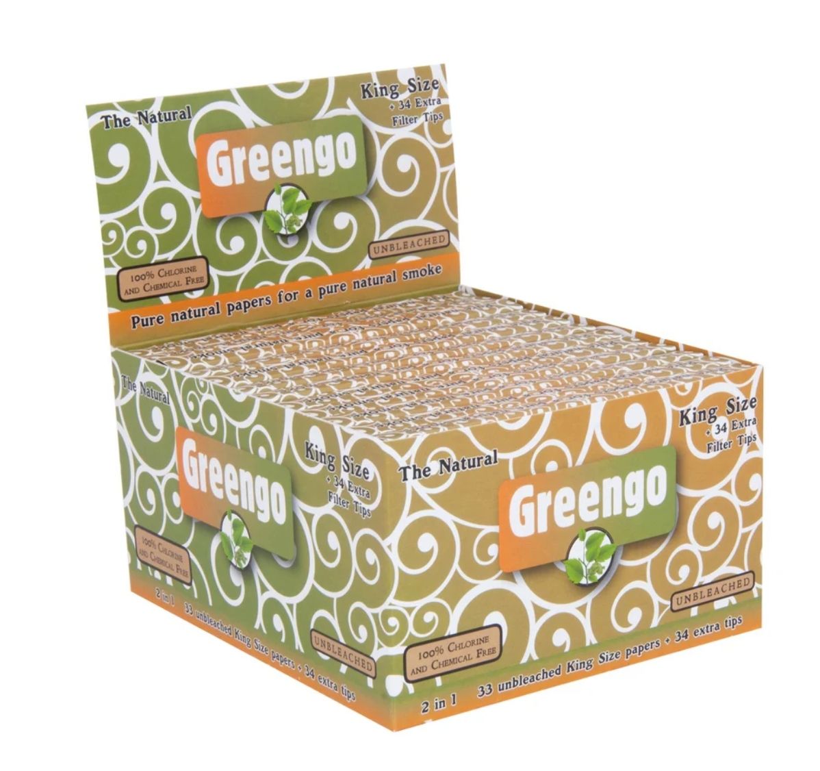 Greengo unbleached king size regular 2 in 1 Display 24 stuks