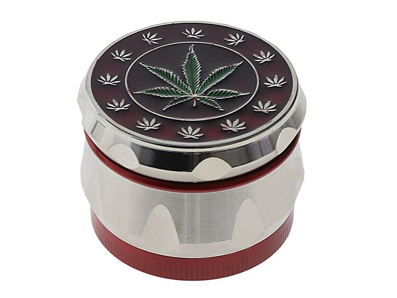 Grinder "Hemp Leaf" Metaal, Zilver/rood; 4-delig