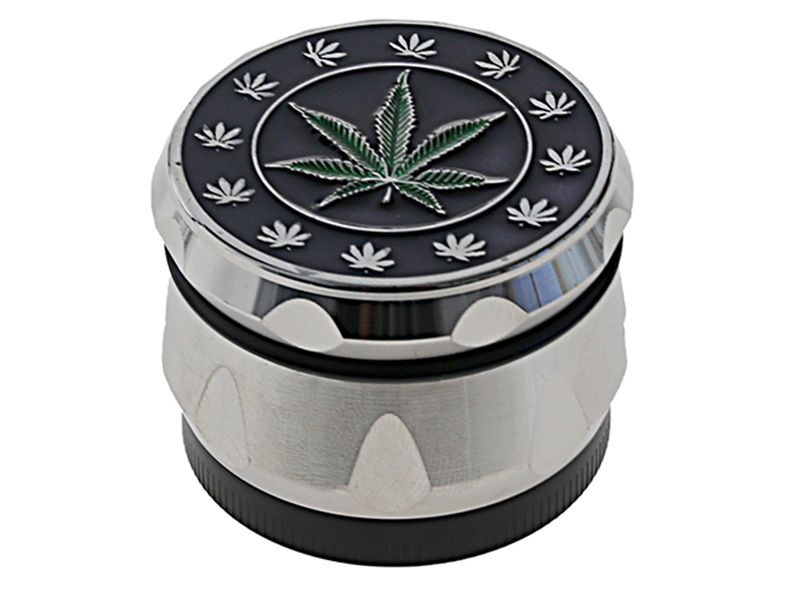 Grinder "Hemp Leaf" Metaal, Zilver/zwart; 4-delig