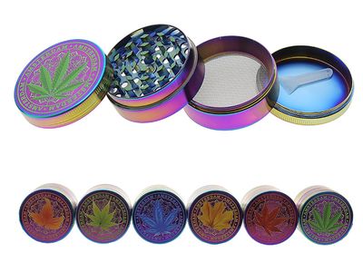 Grinder "Hennepblad; regenboogkleurig; 4-delige Ø 45 mm; hoogte: 3,7 cm ( assorti).