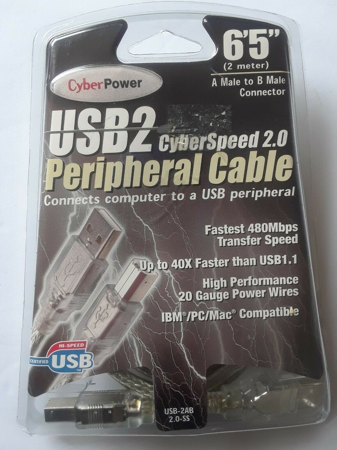 CyberPower 2 Meter (6&#39;5&quot;) High Speed USB 2.0 Peripheral Cable - Silver with Silv - New