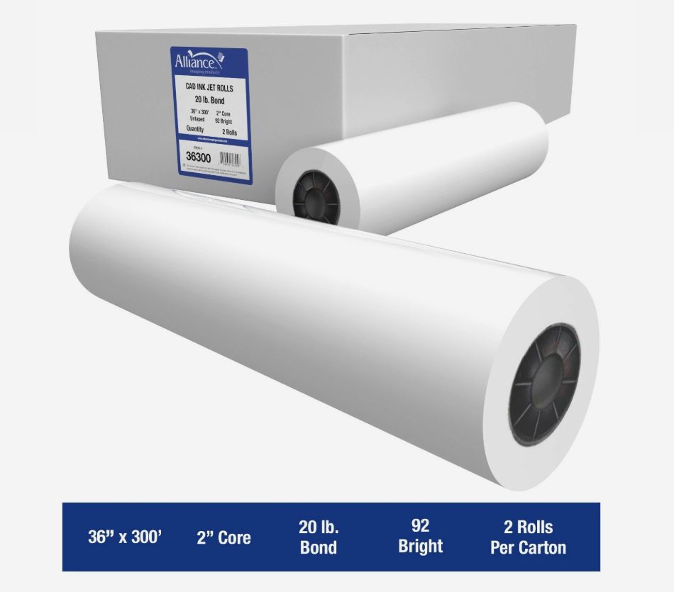 Alliance CAD Ink Jet Rolls 36" x 300' 20lb Bond Plotter Paper (2PK)
