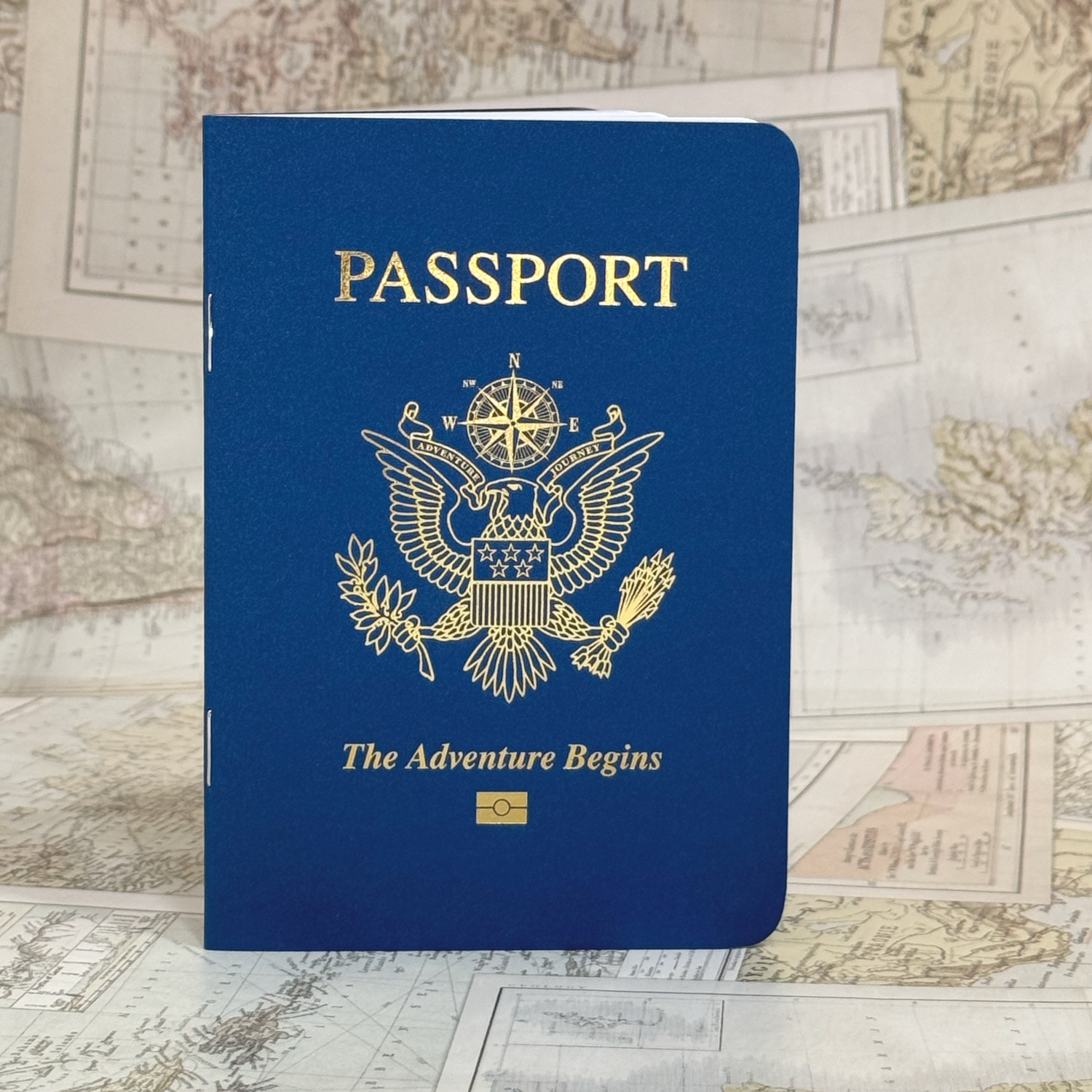 Alternate photo of product being sold on this page, which is a navy blue and gold mini notebook which looks like a USA passport.