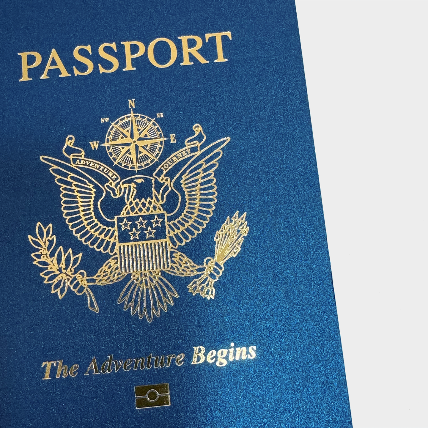 Closeup of gold design which is printed on the front cover of our passport notebooks.