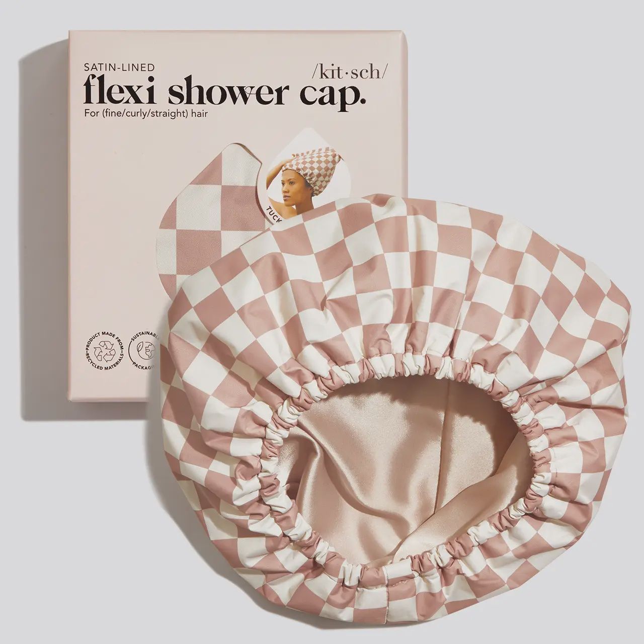 Kitsch Flexi Shower Cap - Terracotta Checker