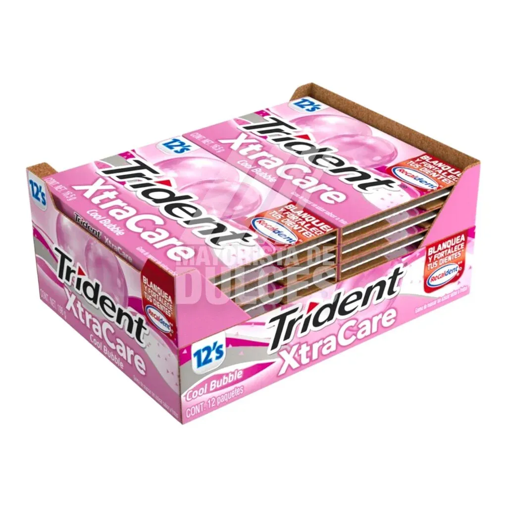CHICLE TRIDENT COOL BUBBLE XTRACARE CON 12 CARTERAS DE 12