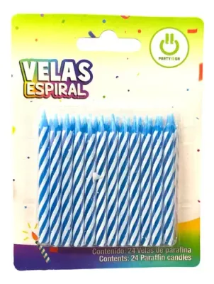 VELA ESPIRAL AZUL, CON 6 PAQUETES DE 24PZS