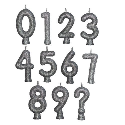 VELA GLITTER PLATA CON 10 NUMEROS