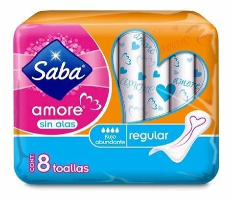 TOALLA SABA AMORE REGULAR SIN ALAS, BOLSA CON 8, CON 10 BOLSAS