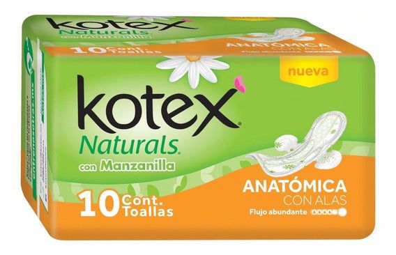TOALLA KOTEX ANATOMICA MANZANILLA C/A, BOLSA CON 10, CON 10 BOLSAS